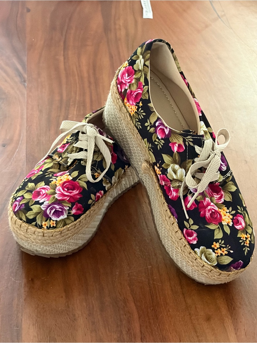 Floral Lace-Up Platform Espadrilles - Black Floral